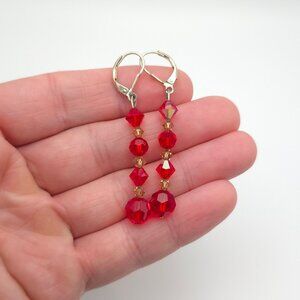 925 Sterling Silver Cute Handmade Red Crystal Dangle Earrings